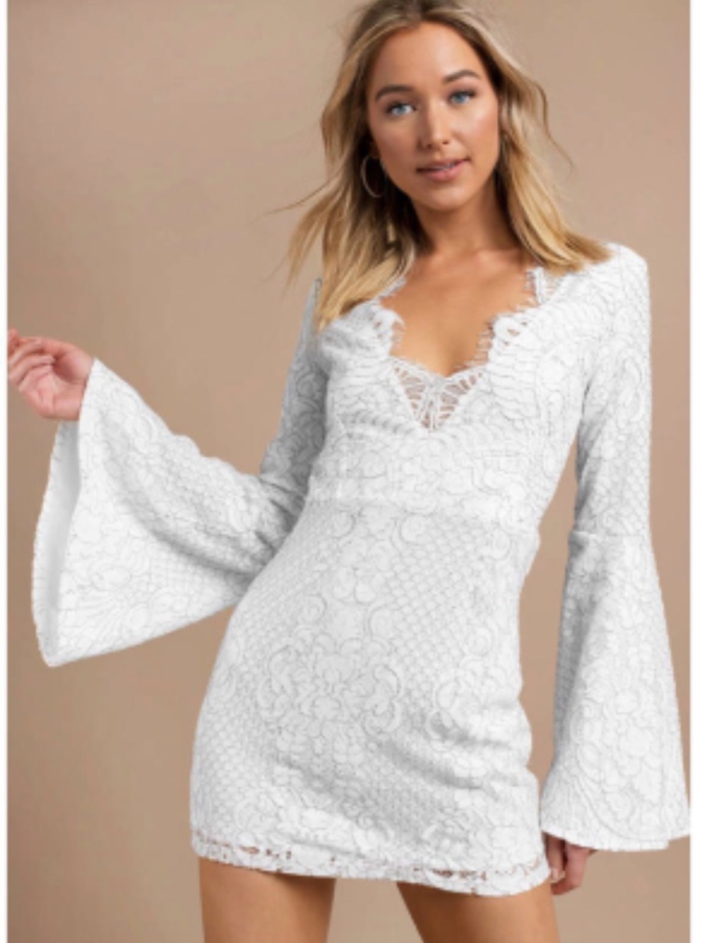 TOBI "NEW" Pearl & Black Lydia Eyelash Bell Sleeve Romantic Mini Dress Size S